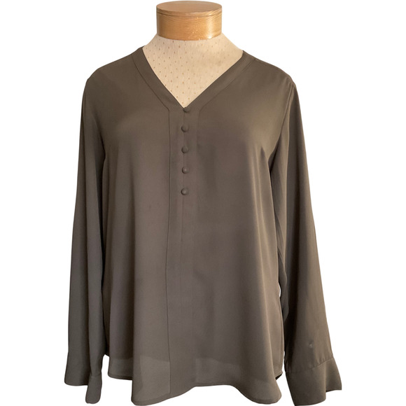 Express Women's Large Olive Green Blouse V-Neck Button Front Long Sleeve RN55285 - Picture 1 of 9